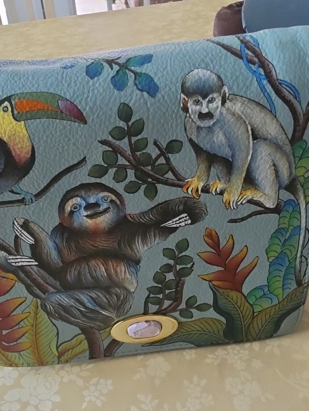 Anuschka Blue Tropical Animal Accent Pillow with Multicolor Foliage